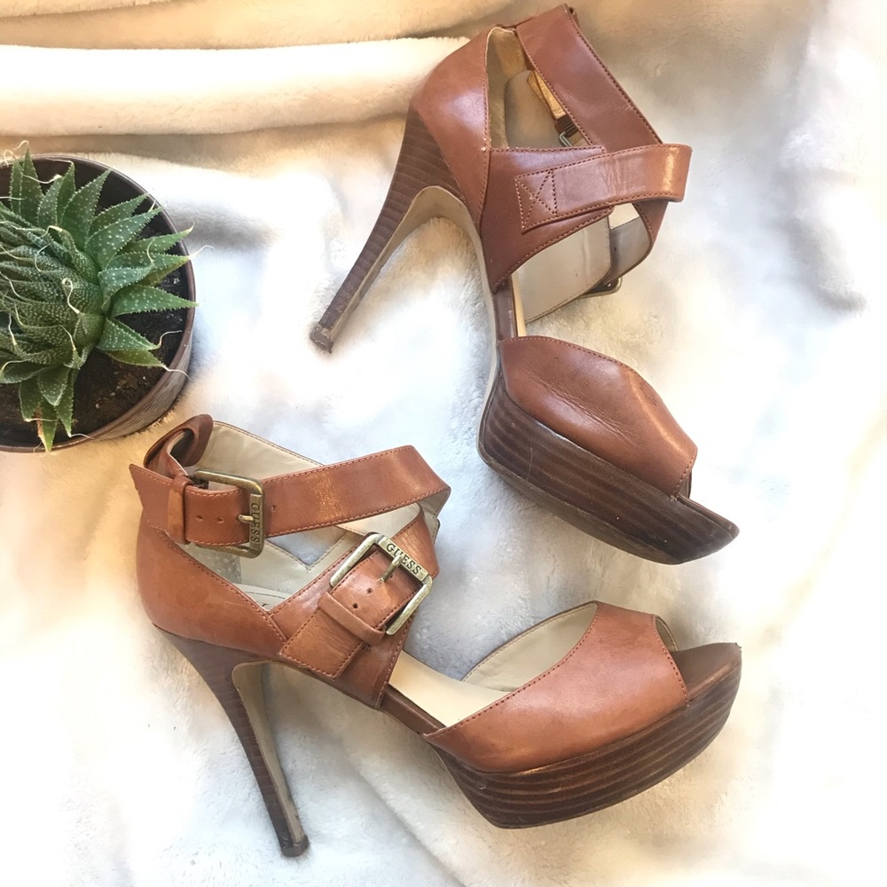 GUESS strappy leather platform heels